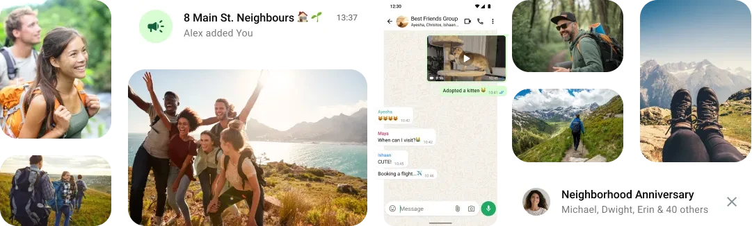 户外旅行照片与 WhatsApp 群聊消息、社区活动通知组成的拼图